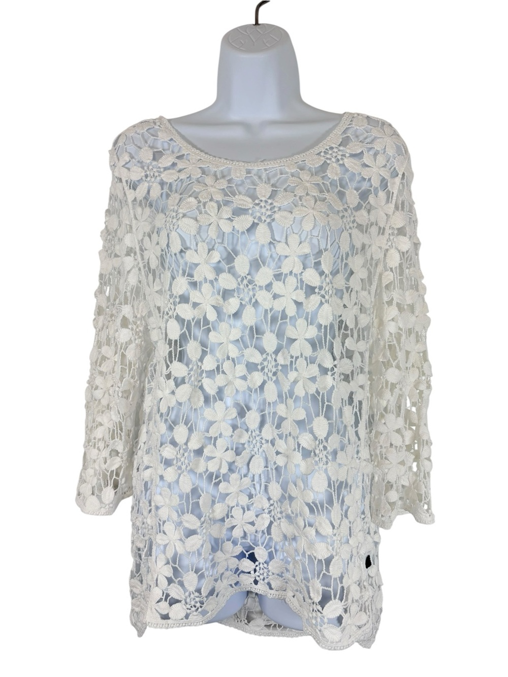 Amanda Blu White Floral Crochet Lace Tunic Top Size Small Boho Beach Cover Up